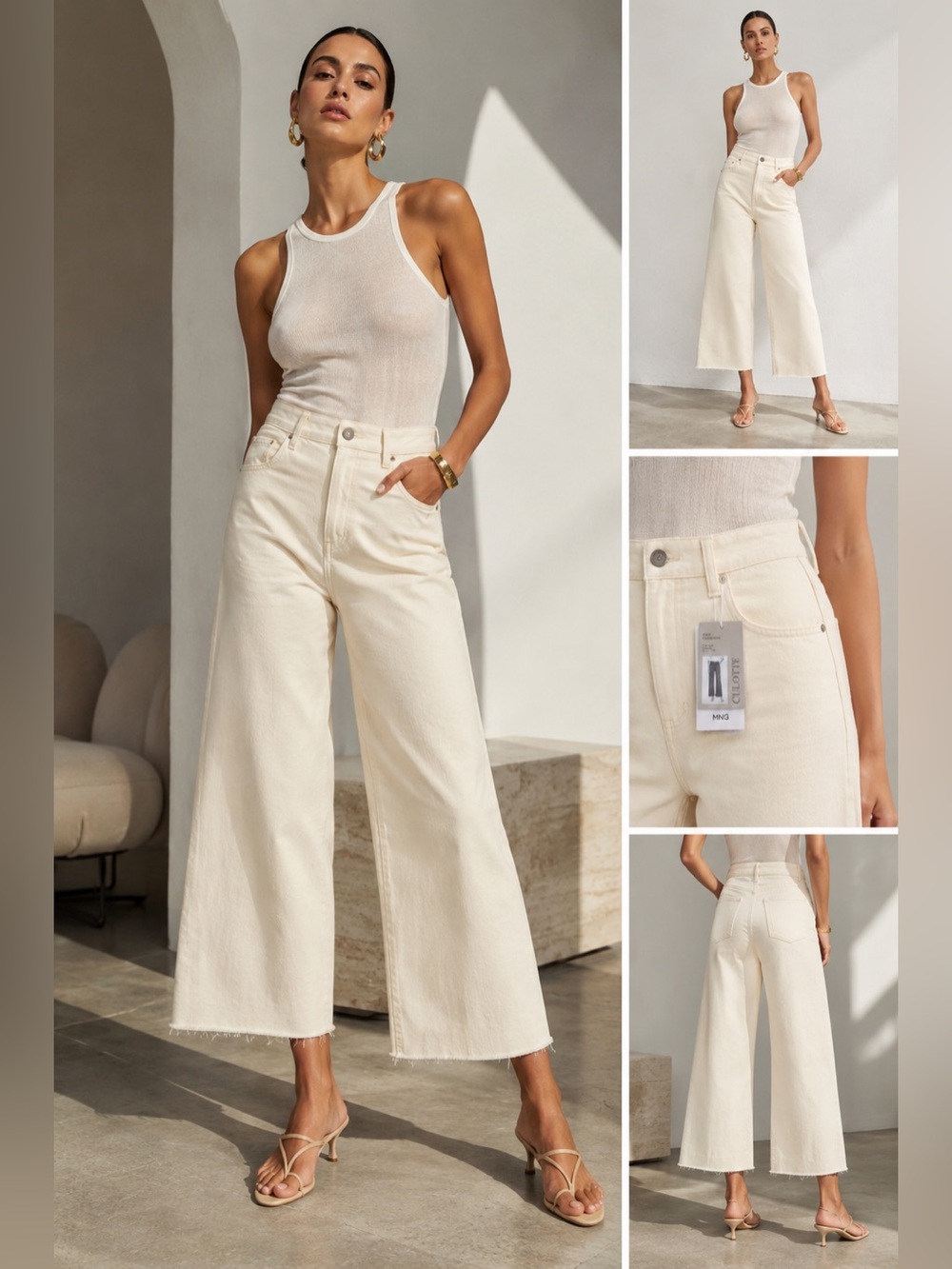 MNG Mango Catherine Culotte Jeans High Rise Wide Leg Cropped Cream 14